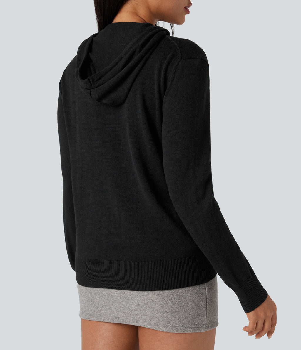 Hooded Drawstring Long Sleeve Zipper Casual Cardigan with Pockets — Black — view 5
