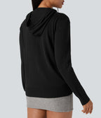 Hooded Drawstring Long Sleeve Zipper Casual Cardigan with Pockets — Black — view 5