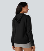 Hooded Drawstring Long Sleeve Zipper Casual Cardigan with Pockets — Black — view 2