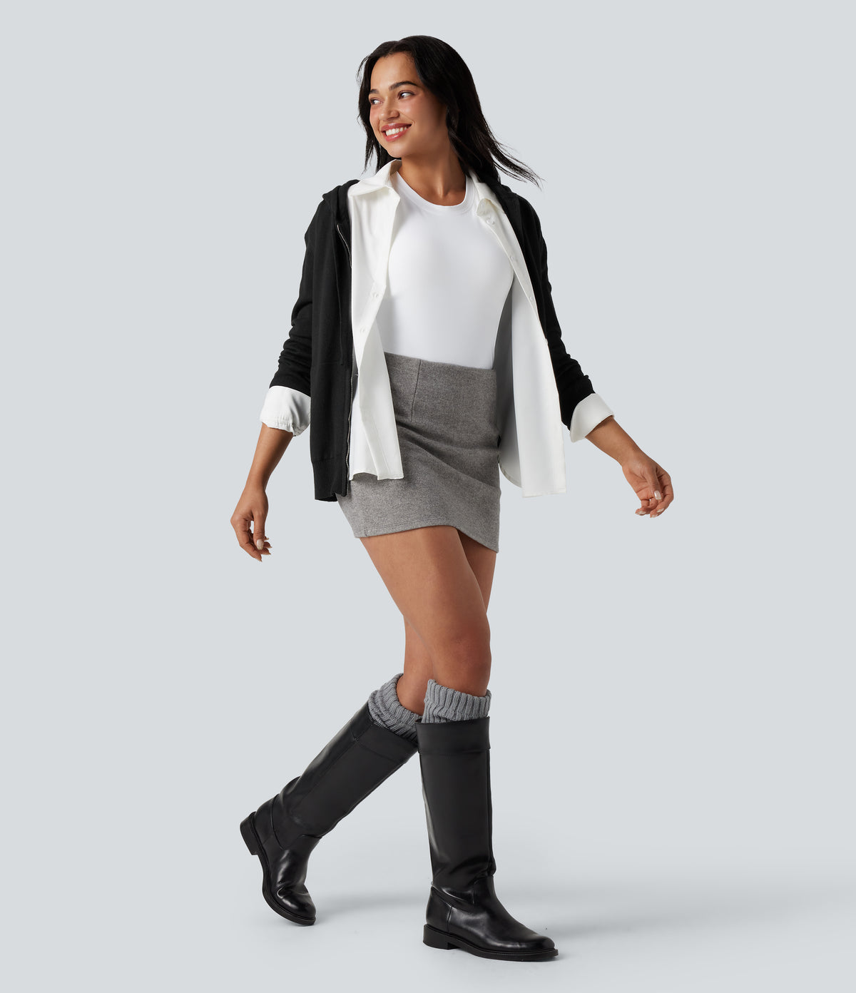 Hooded Drawstring Long Sleeve Zipper Casual Cardigan with Pockets — Black — view 7