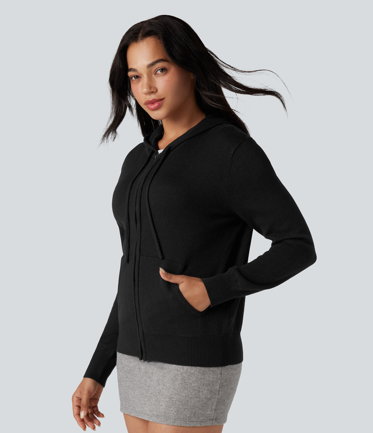 Hooded Drawstring Long Sleeve Zipper Casual Cardigan with Pockets — Black — view 3
