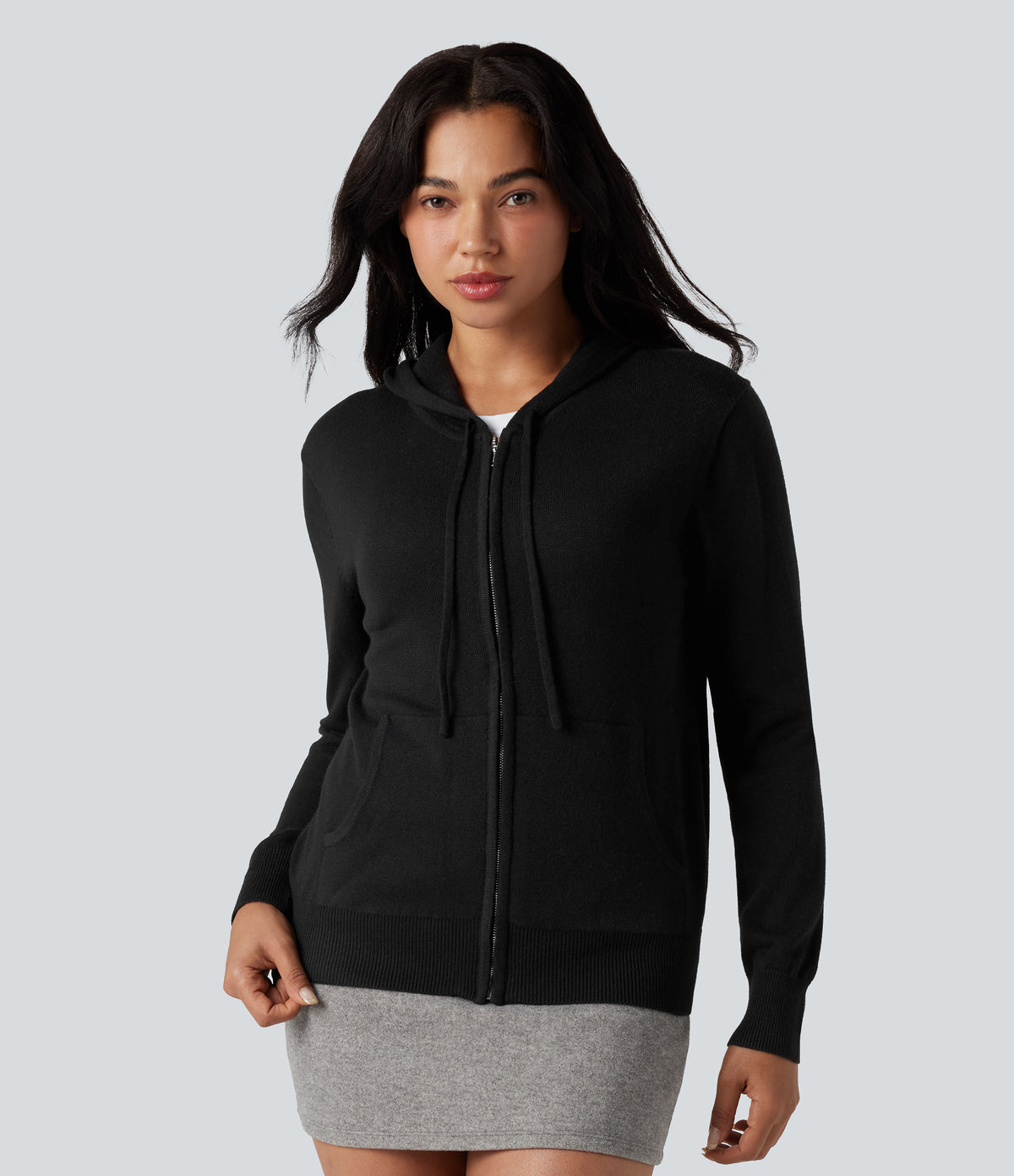 Hooded Drawstring Long Sleeve Zipper Casual Cardigan with Pockets — Black — view 1