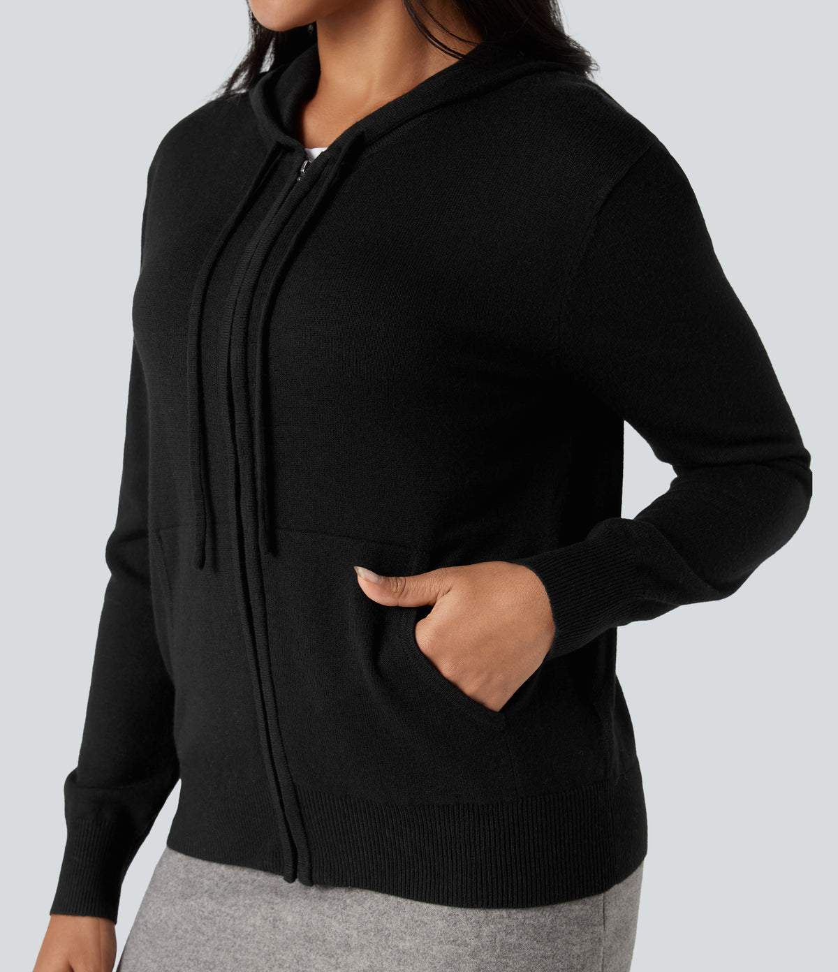 Hooded Drawstring Long Sleeve Zipper Casual Cardigan with Pockets — Black — view 4