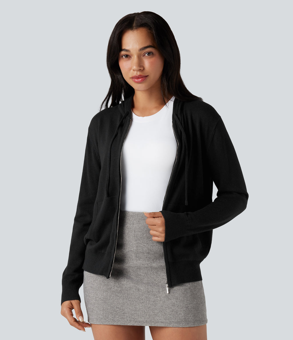 Hooded Drawstring Long Sleeve Zipper Casual Cardigan with Pockets — Black — view 6