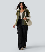 Stand Collar Cap Sleeve Color Block Hiking Sherpa Vest with Pockets — Olive Drab — view 8