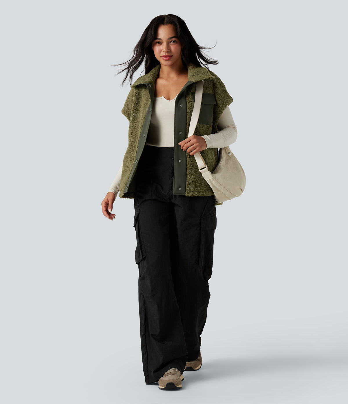 Stand Collar Cap Sleeve Color Block Hiking Sherpa Vest with Pockets — Olive Drab — view 8