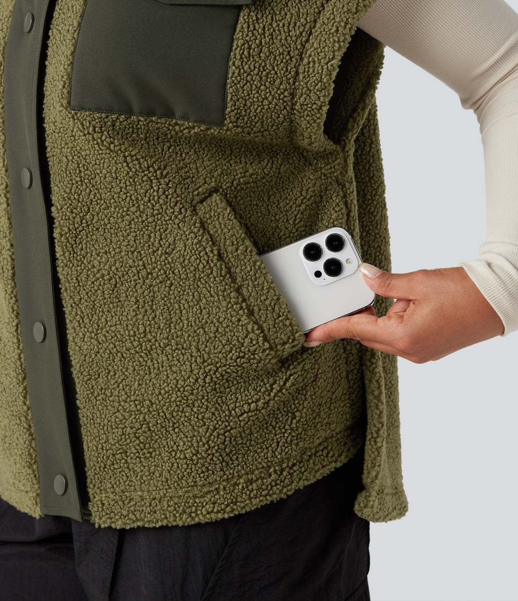 Stand Collar Cap Sleeve Color Block Hiking Sherpa Vest with Pockets — Olive Drab — view 6