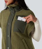 Stand Collar Cap Sleeve Color Block Hiking Sherpa Vest with Pockets — Olive Drab — view 5