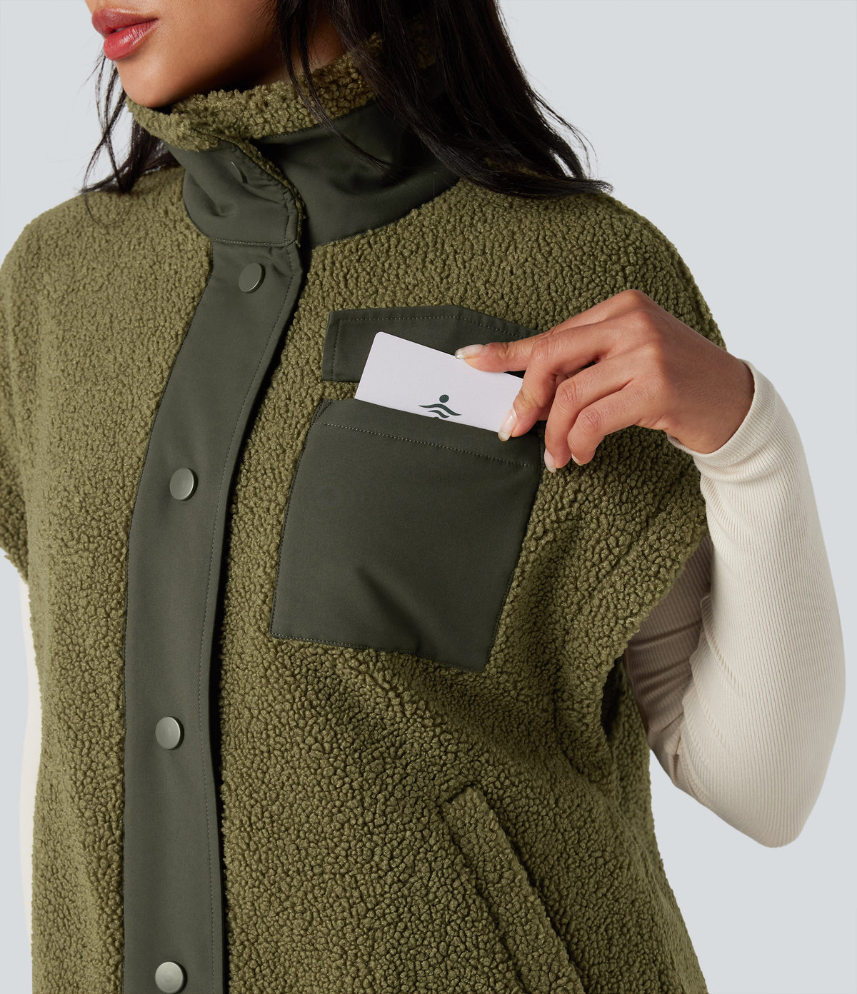 Stand Collar Cap Sleeve Color Block Hiking Sherpa Vest with Pockets — Olive Drab — view 5