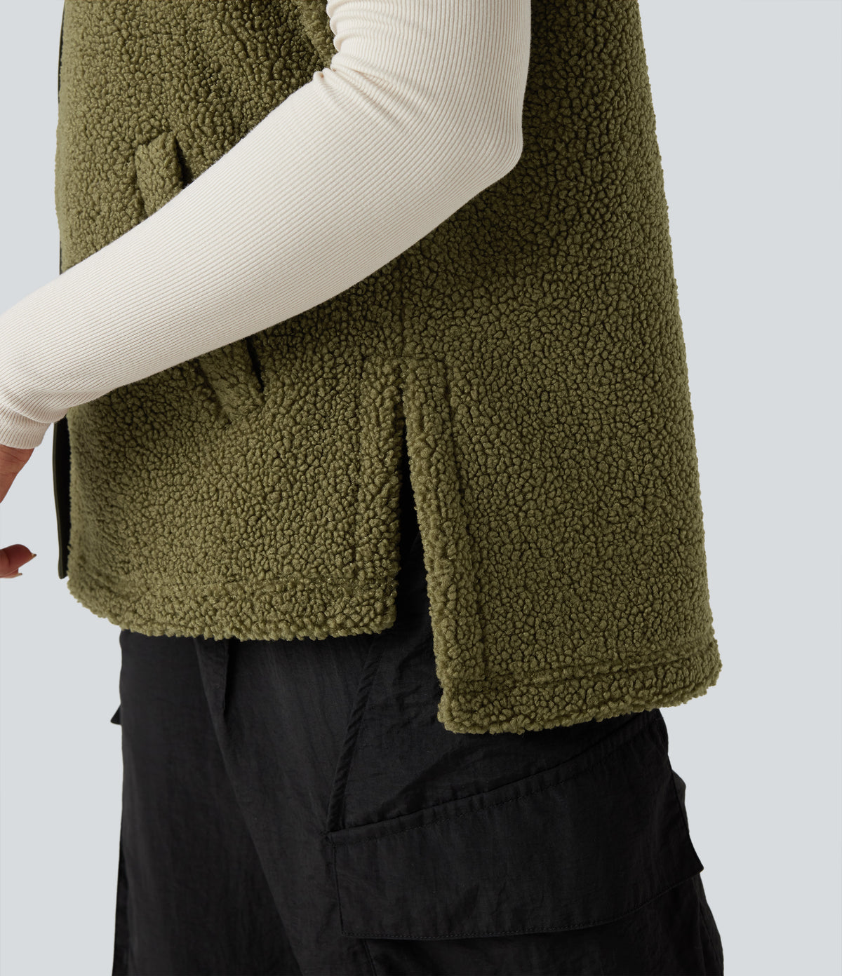 Stand Collar Cap Sleeve Color Block Hiking Sherpa Vest with Pockets — Olive Drab — view 7