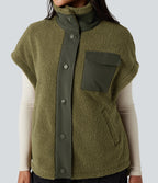 Stand Collar Cap Sleeve Color Block Hiking Sherpa Vest with Pockets — Olive Drab — view 4