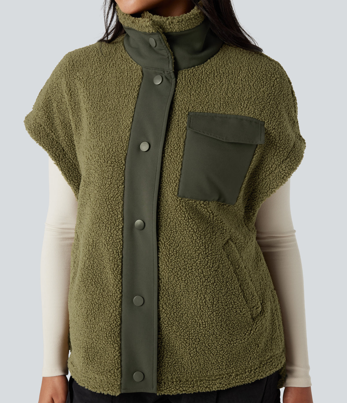 Stand Collar Cap Sleeve Color Block Hiking Sherpa Vest with Pockets — Olive Drab — view 4