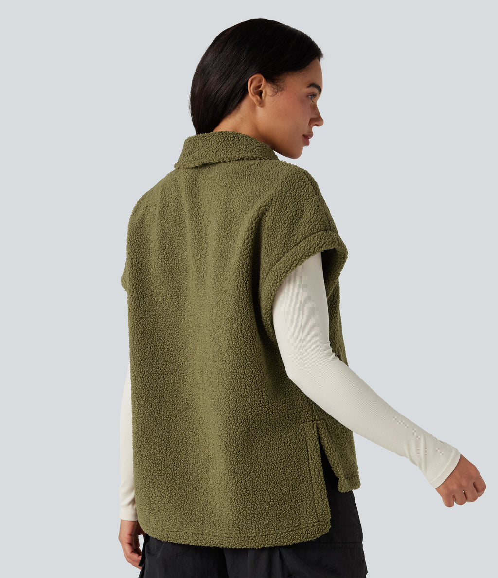 Stand Collar Cap Sleeve Color Block Hiking Sherpa Vest with Pockets — Olive Drab — view 2