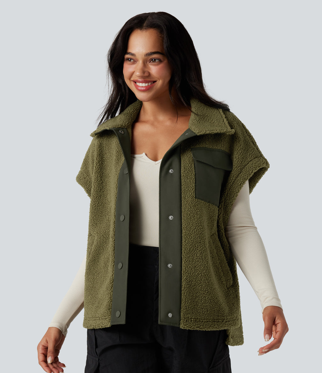 Stand Collar Cap Sleeve Color Block Hiking Sherpa Vest with Pockets — Olive Drab — view 3