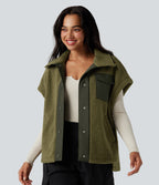 Stand Collar Cap Sleeve Color Block Hiking Sherpa Vest with Pockets — Olive Drab — view 3