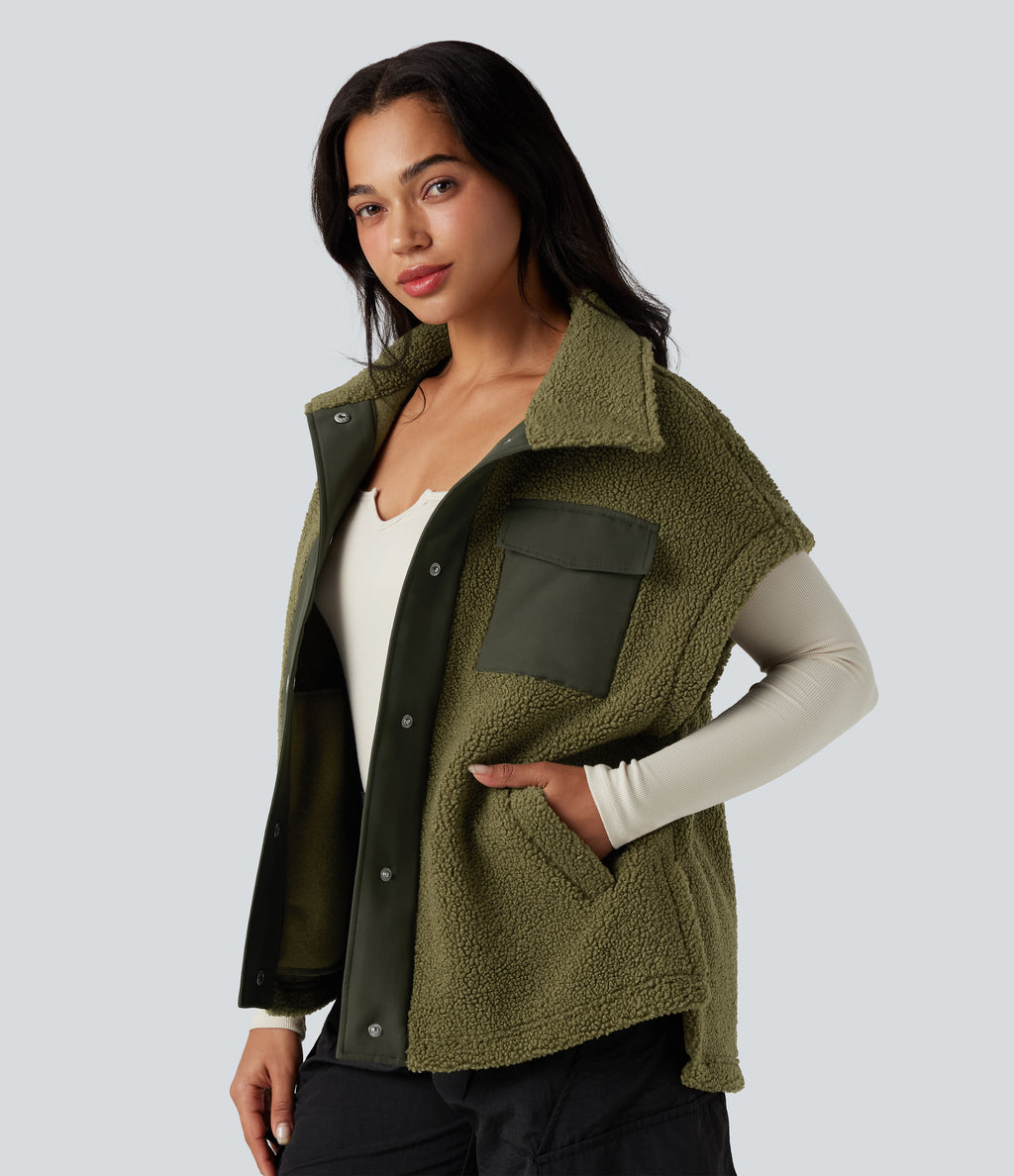 Stand Collar Cap Sleeve Color Block Hiking Sherpa Vest with Pockets — Olive Drab — view 1