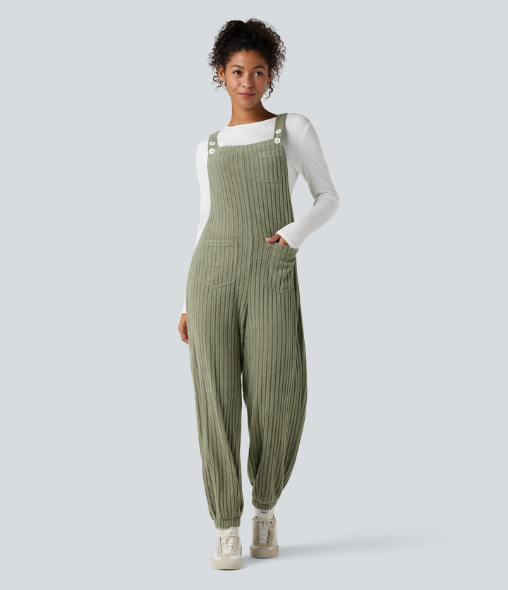 Ribbed Knit Adjustable Straps Fleece Casual Joggers Dungarees with Pockets — Moss Green Floral Velvet — view 1