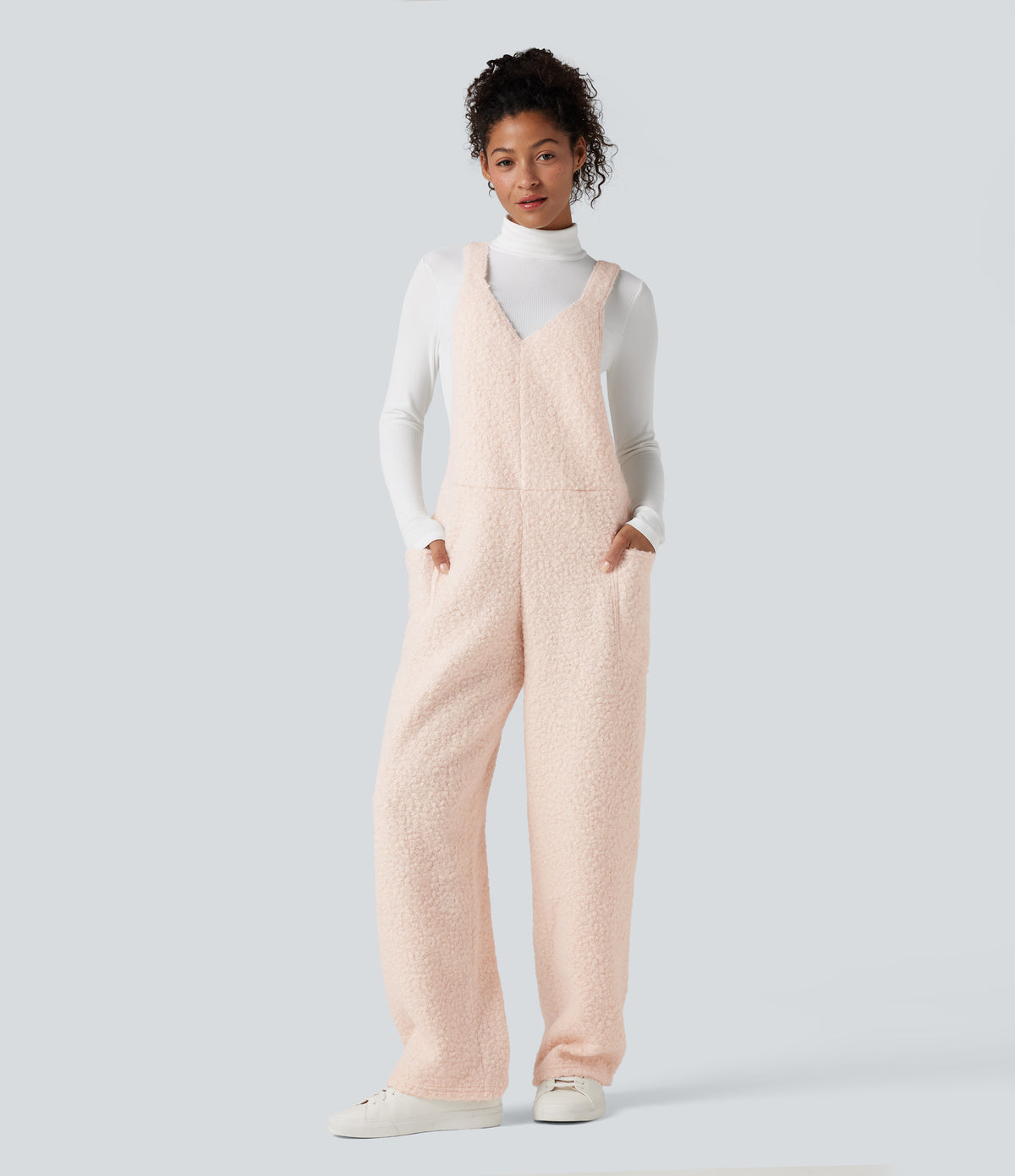 V Neck Casual Teddy Dungarees with Pockets — Powder Puff — view 1