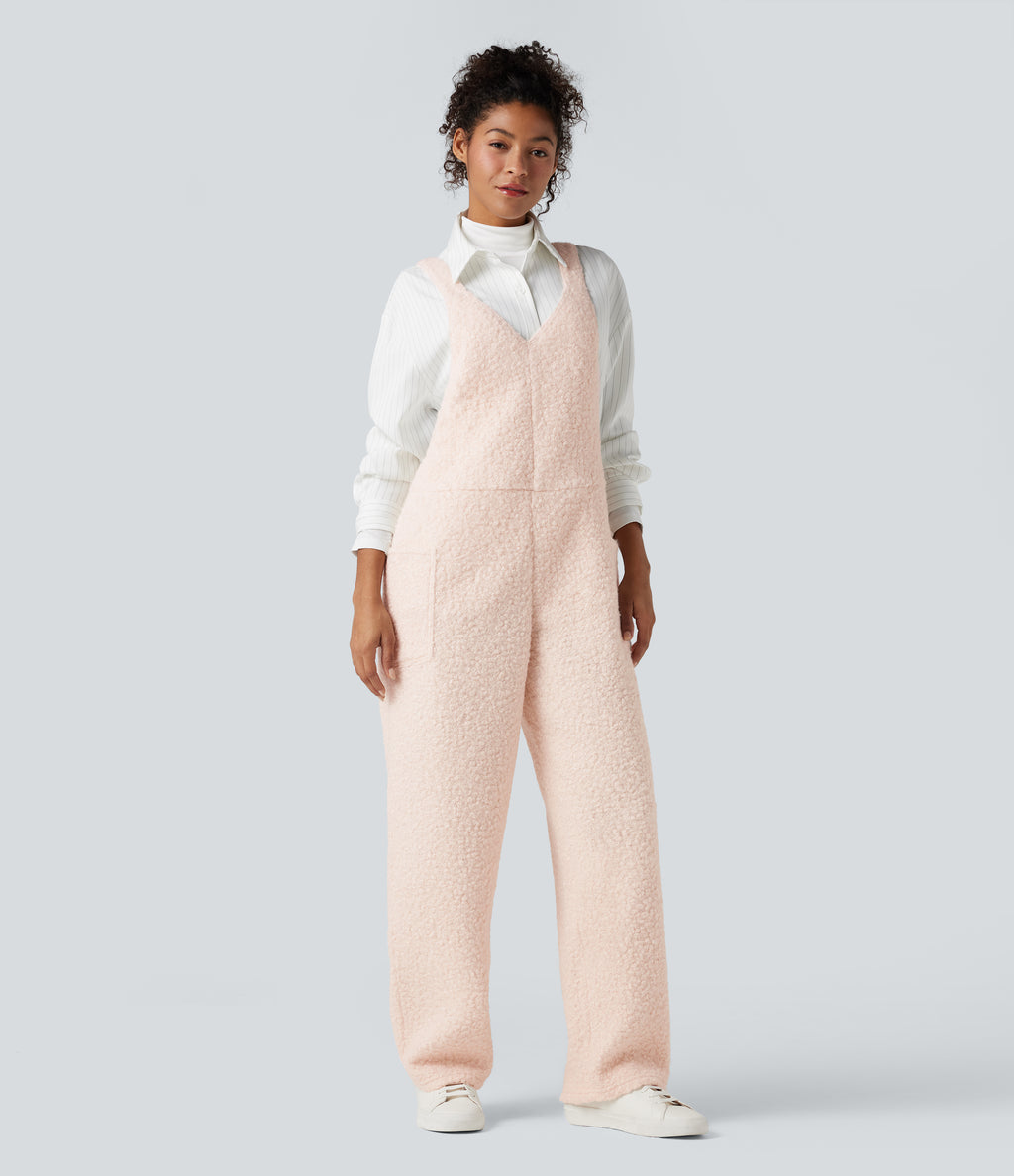 V Neck Casual Teddy Dungarees with Pockets — Powder Puff — view 5