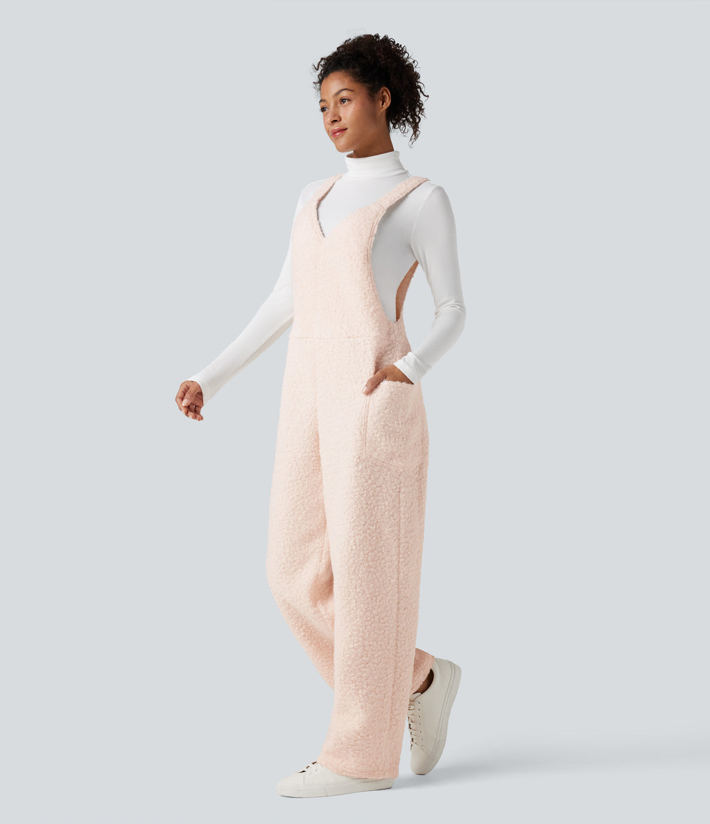 V Neck Casual Teddy Dungarees with Pockets — Powder Puff — view 3