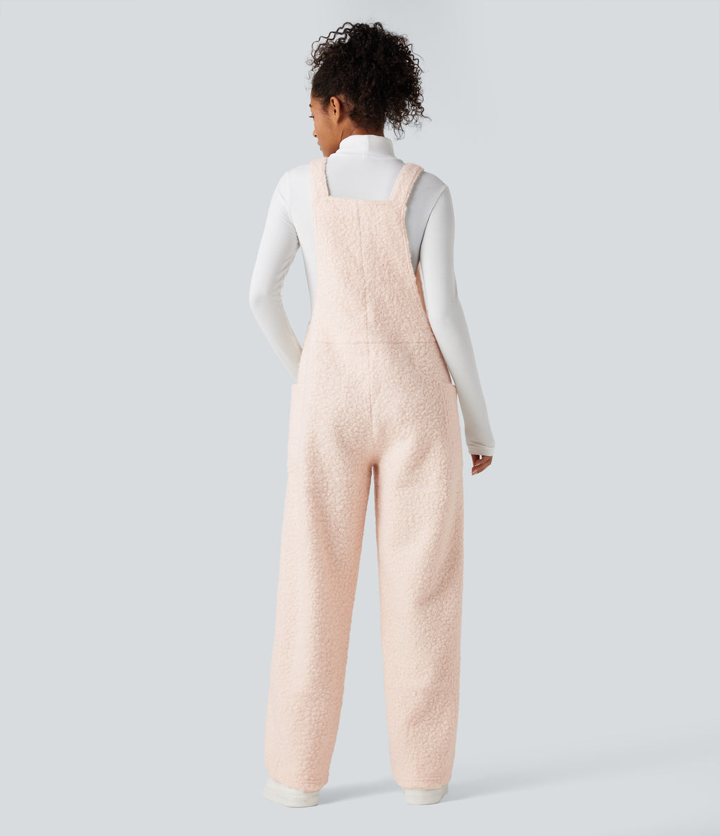 V Neck Casual Teddy Dungarees with Pockets — Powder Puff — view 2