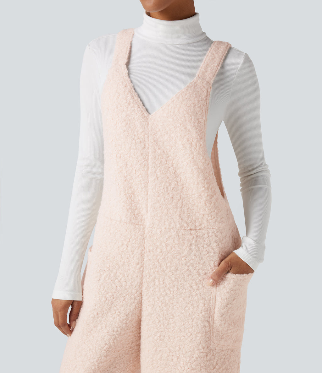 V Neck Casual Teddy Dungarees with Pockets — Powder Puff — view 4
