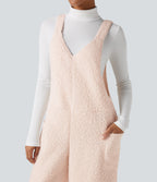 V Neck Casual Teddy Dungarees with Pockets — Powder Puff — view 4