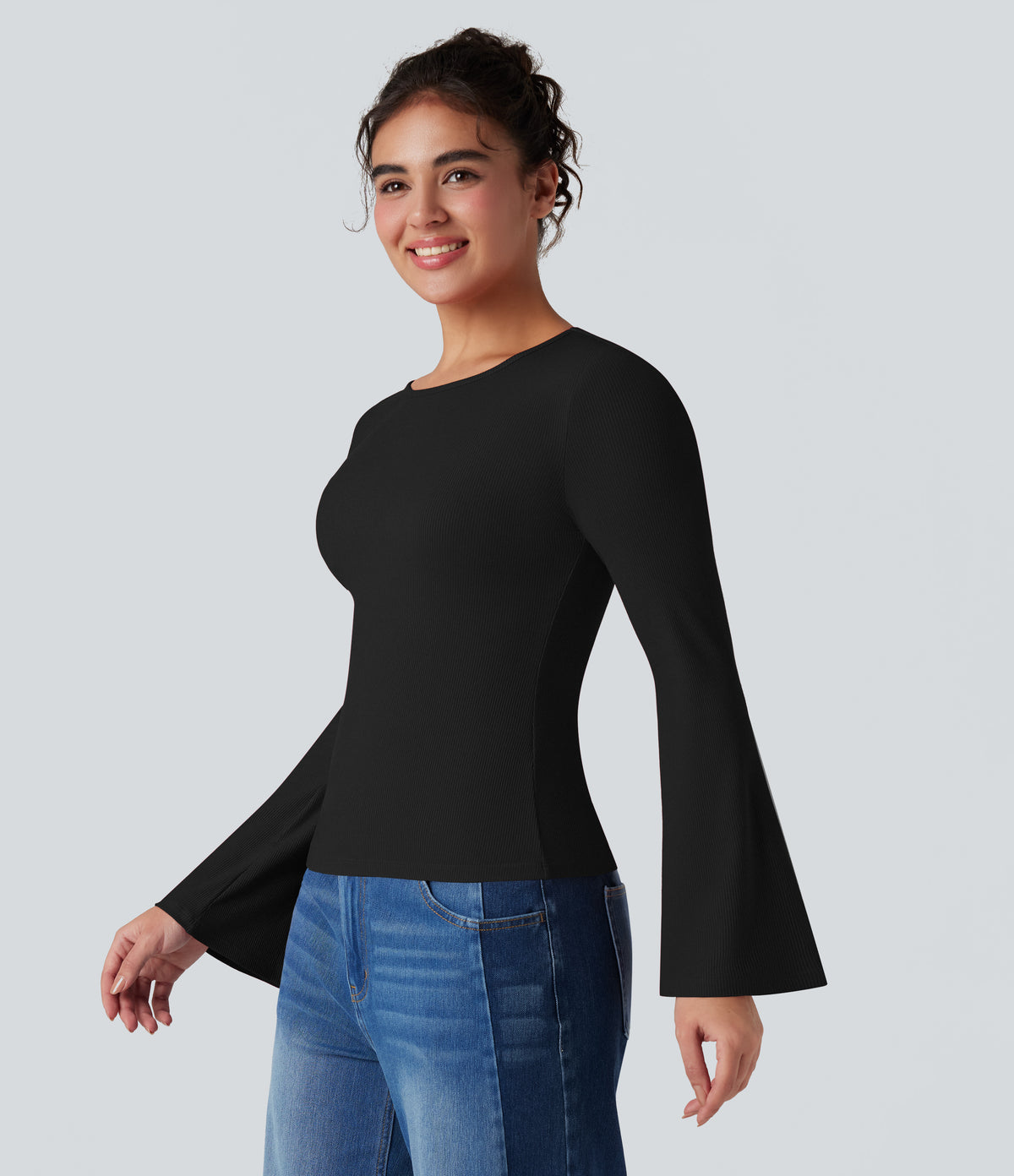 Ribbed Knit Round Neck Flounce Long Sleeve Casual Top — Black — view 1