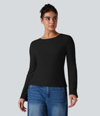 Ribbed Knit Round Neck Flounce Long Sleeve Casual Top — Black — view 3