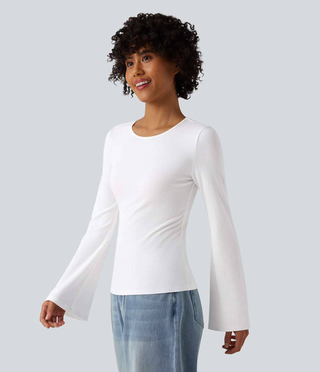 Ribbed Knit Round Neck Flounce Long Sleeve Casual Top — White — view 6