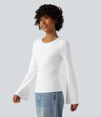 Ribbed Knit Round Neck Flounce Long Sleeve Casual Top — White — view 6
