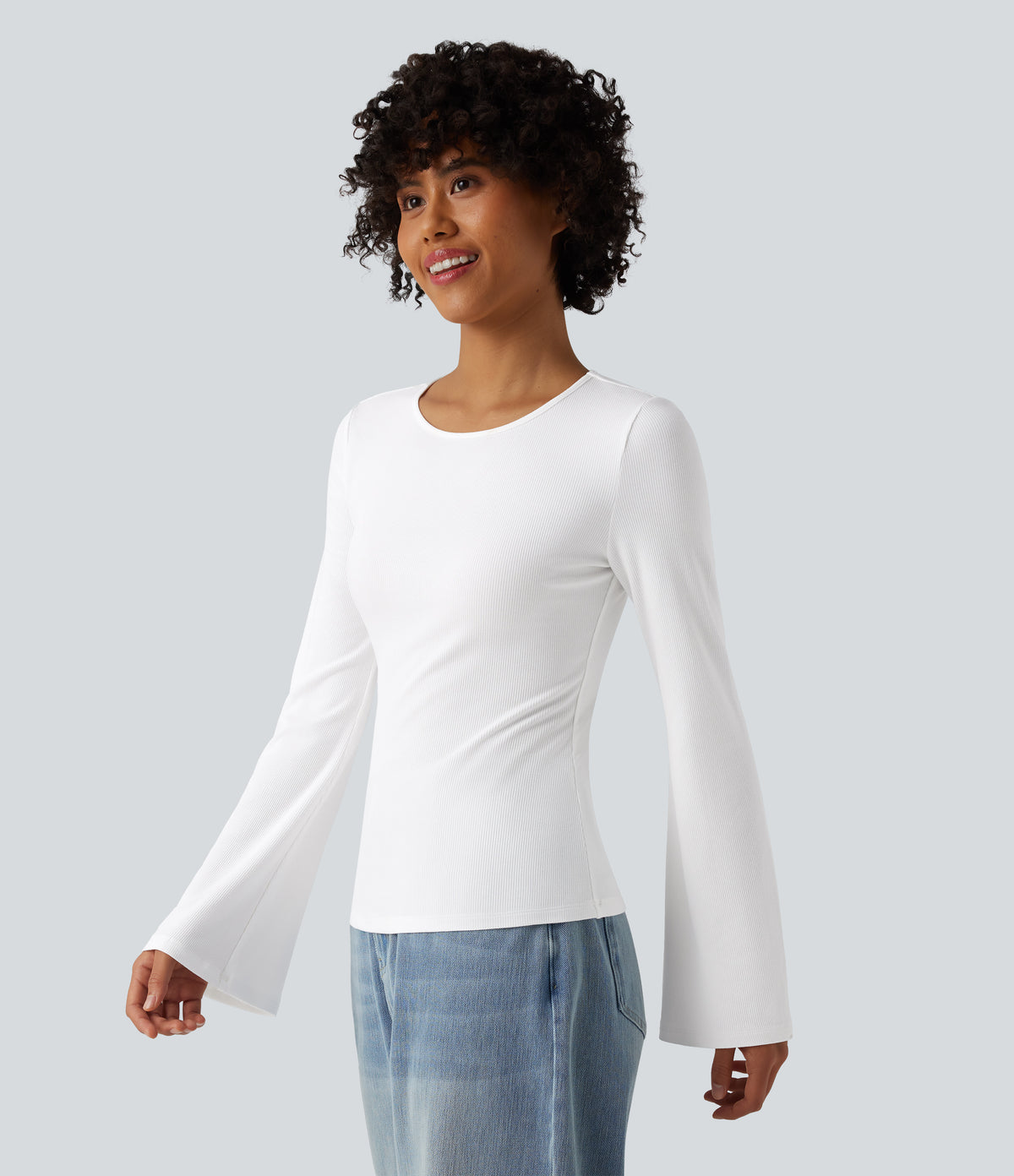 Ribbed Knit Round Neck Flounce Long Sleeve Casual Top — White — view 6