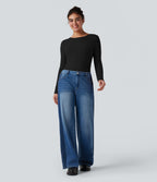 Ribbed Knit Round Neck Flounce Long Sleeve Casual Top — Black — view 5