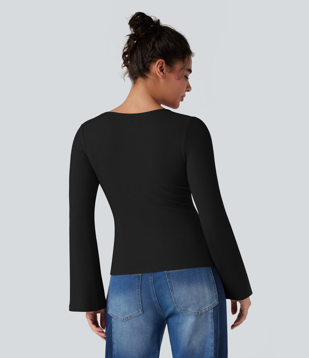 Ribbed Knit Round Neck Flounce Long Sleeve Casual Top — Black — view 2