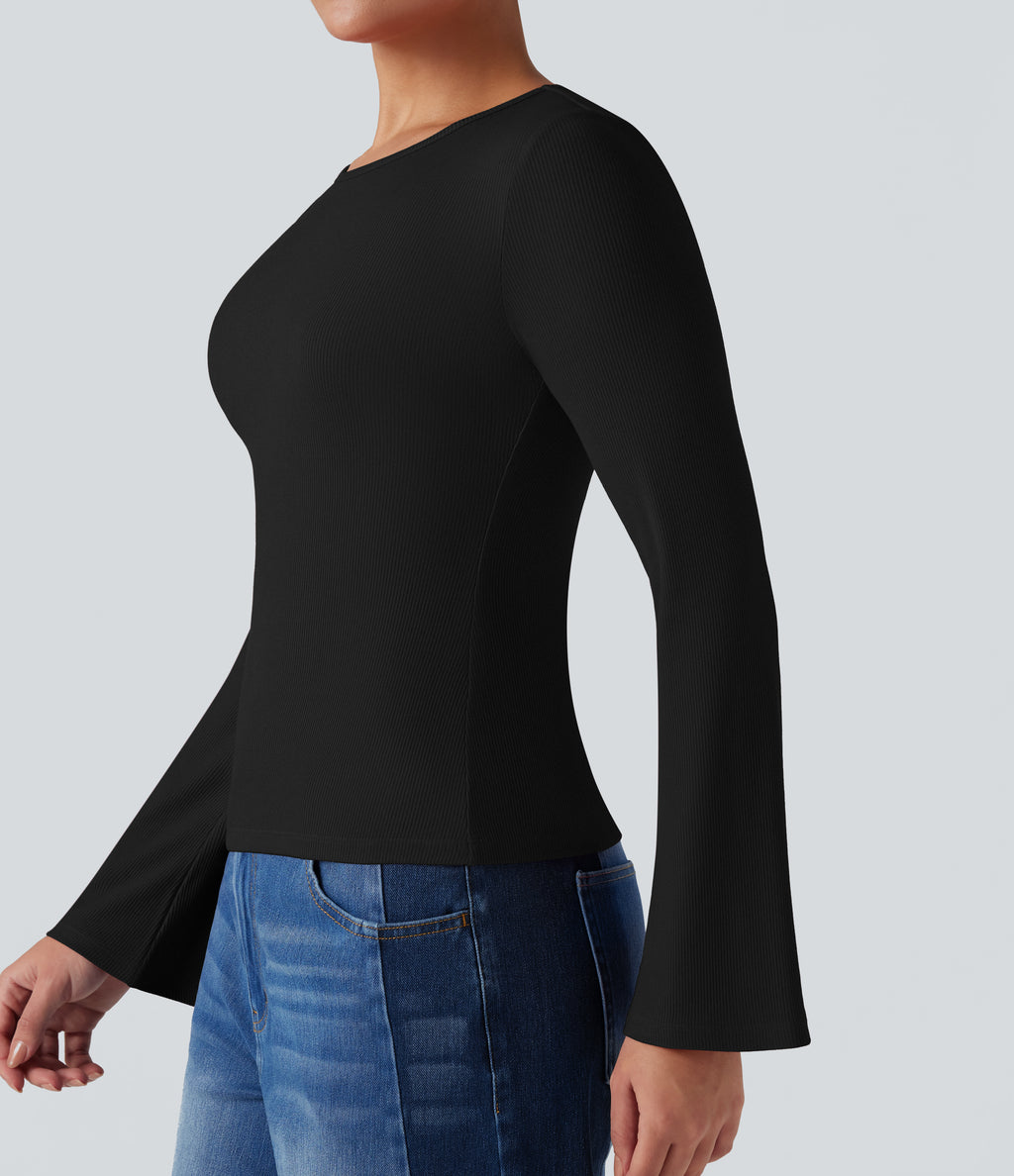 Ribbed Knit Round Neck Flounce Long Sleeve Casual Top — Black — view 4