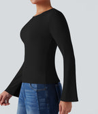 Ribbed Knit Round Neck Flounce Long Sleeve Casual Top — Black — view 4