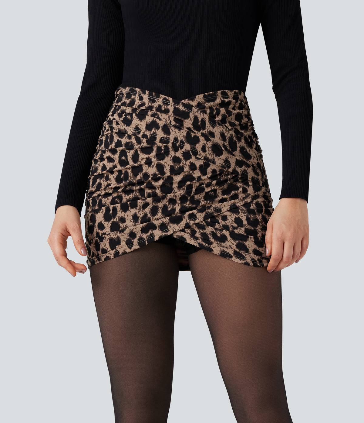 Leopard Print Crossover High Waisted 2-in-1 Bodycon Mini Party Skirt — Toffee Leopard — view 3