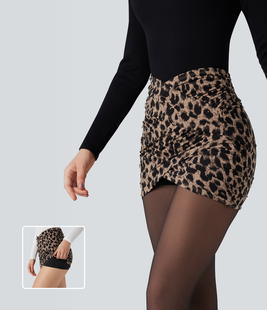 Leopard Print Crossover High Waisted 2-in-1 Bodycon Mini Party Skirt — Toffee Leopard — view 1