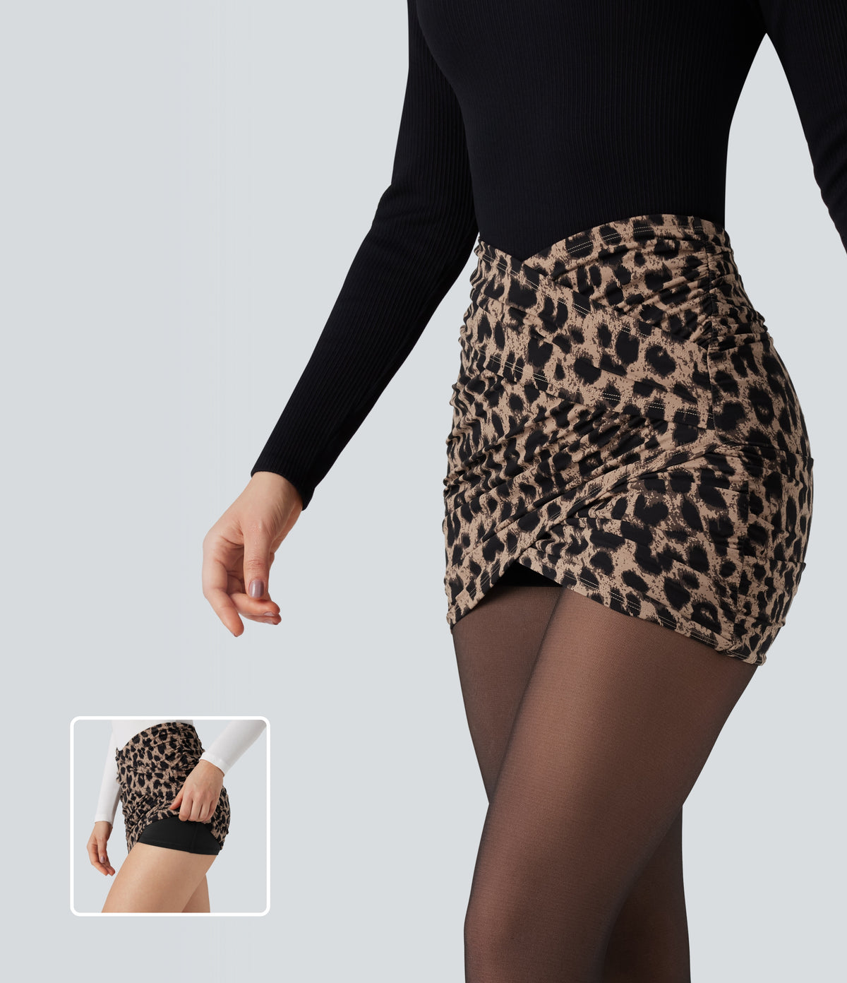 Leopard Print Crossover High Waisted 2-in-1 Bodycon Mini Party Skirt — Toffee Leopard — view 1