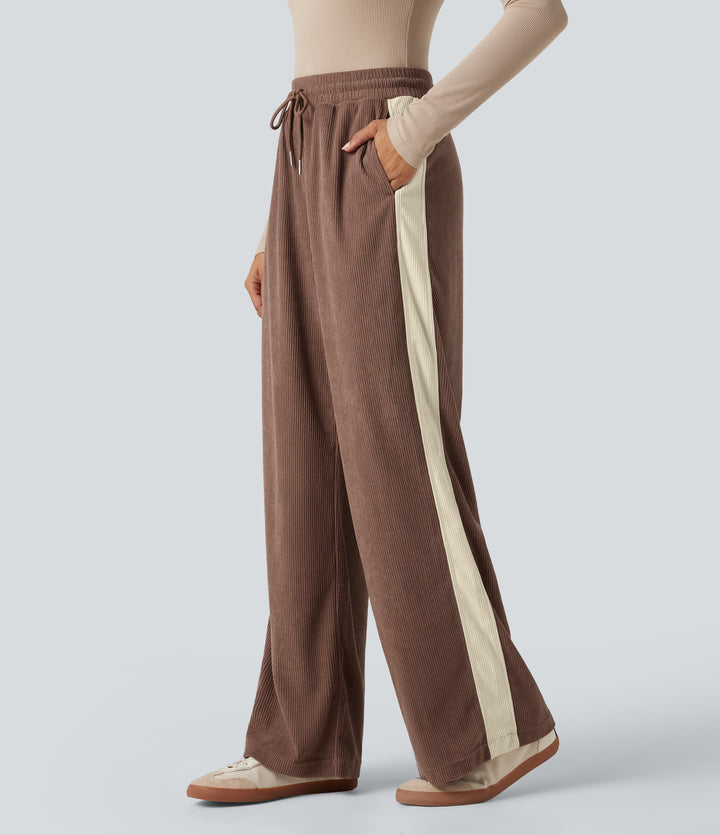 High Waisted Drawstring Straight Leg Color Block Corduroy Casual Trousers with Pockets — Acorn — view 1