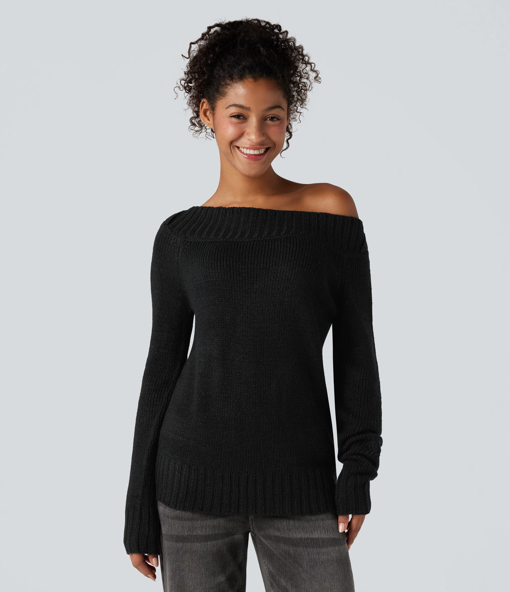 One Shoulder Long Sleeve Casual Jumper — Black — view 2