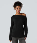 One Shoulder Long Sleeve Casual Jumper — Black — view 2