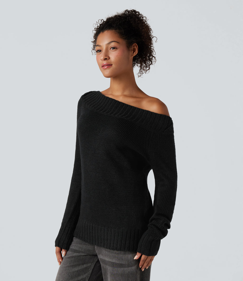 One Shoulder Long Sleeve Casual Jumper — Black — view 4