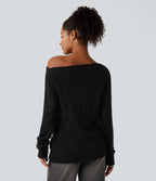 One Shoulder Long Sleeve Casual Jumper — Black — view 3