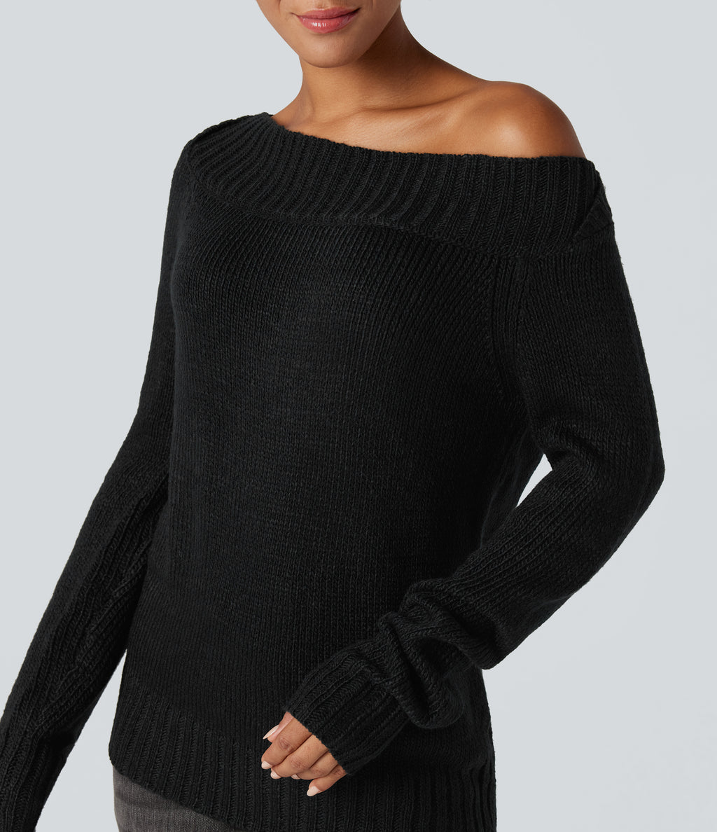 One Shoulder Long Sleeve Casual Jumper — Black — view 5