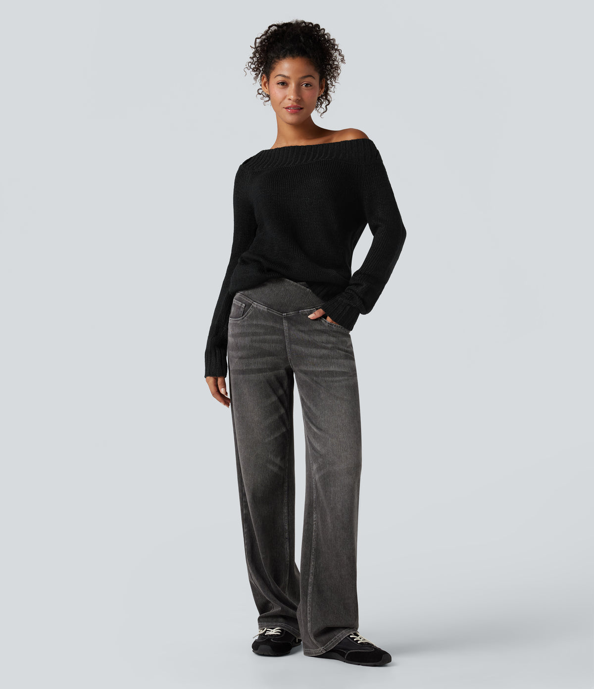 One Shoulder Long Sleeve Casual Jumper — Black — view 6