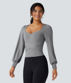 Push-Up Molded Cups Sweetheart Neck Puff Sleeve Crossover Work Top A/B Cup — Ultimate Gray — view 2