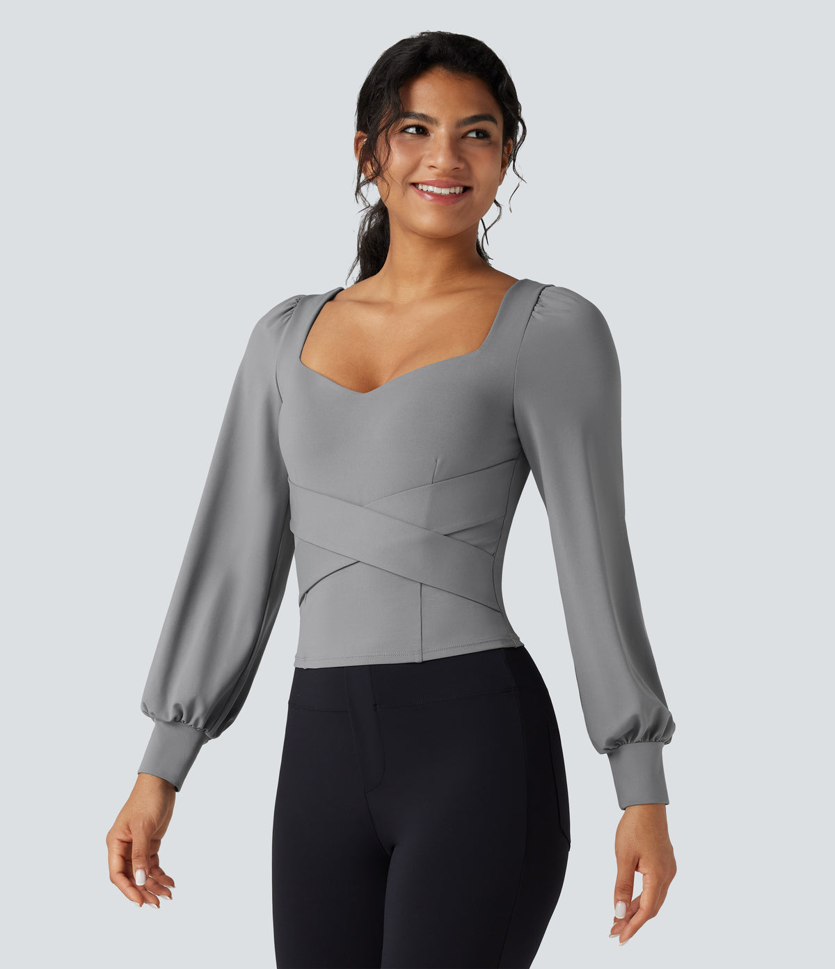 Push-Up Molded Cups Sweetheart Neck Puff Sleeve Crossover Work Top A/B Cup — Ultimate Gray — view 2