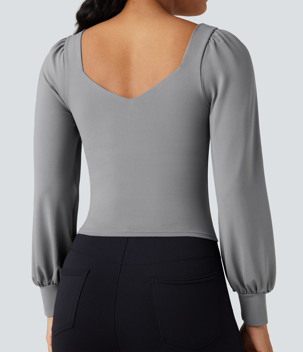 Push-Up Molded Cups Sweetheart Neck Puff Sleeve Crossover Work Top A/B Cup — Ultimate Gray — view 5