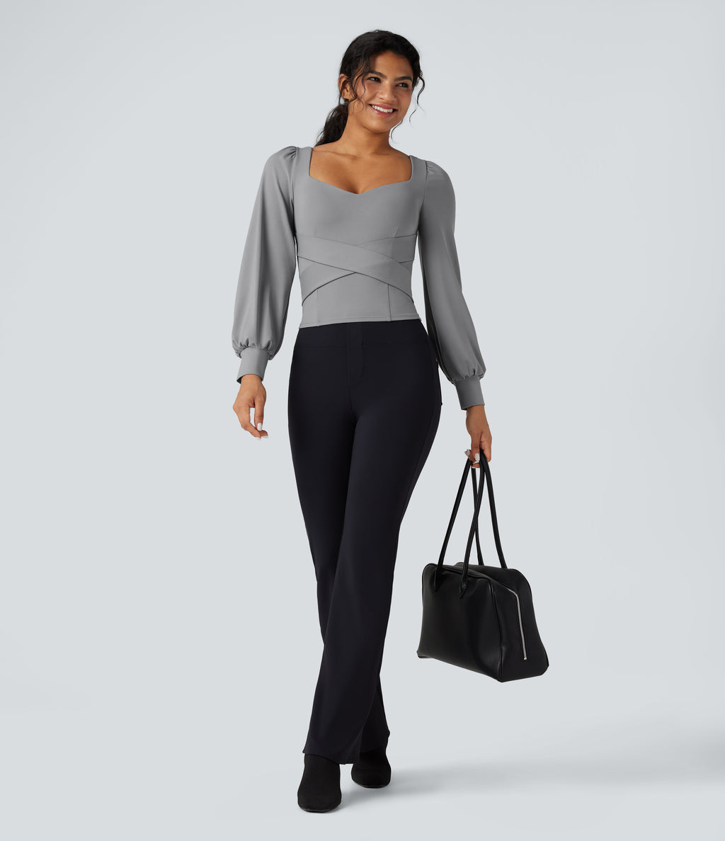 Push-Up Molded Cups Sweetheart Neck Puff Sleeve Crossover Work Top A/B Cup — Ultimate Gray — view 6